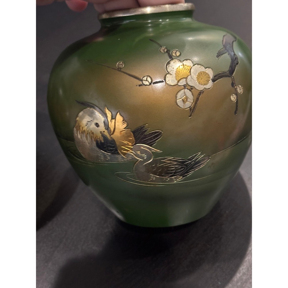 Vintage Japanese Cloisonne Enamel Ginger Jar Mandarin Ducks Plum Blossom Green